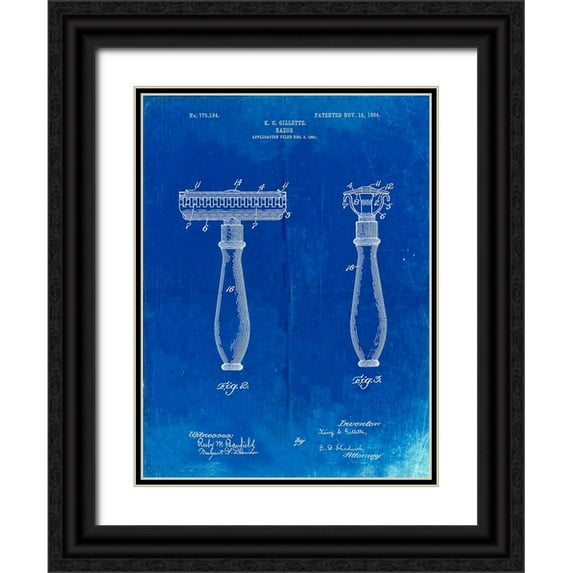 Borders, Cole 25x32 Black Ornate Wood Framed with Double Matting Museum Art Print Titled - PP1026-Faded Blueprint Safety Razor Patent Poster