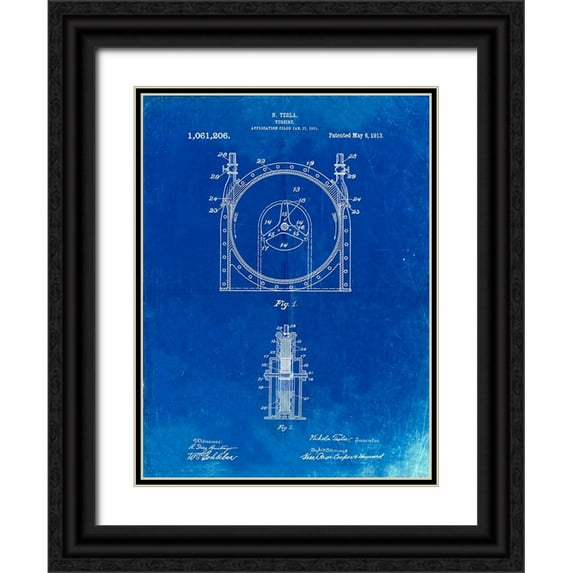 Borders, Cole 25x32 Black Ornate Wood Framed with Double Matting Museum Art Print Titled - PP1097-Faded Blueprint Tesla Turbine Patent Poster