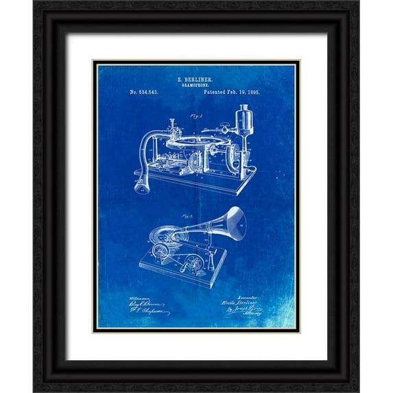 Borders, Cole 25x32 Black Ornate Wood Framed with Double Matting Museum Art Print Titled - PP160- Faded Blueprint Berliner Gramophone Poster