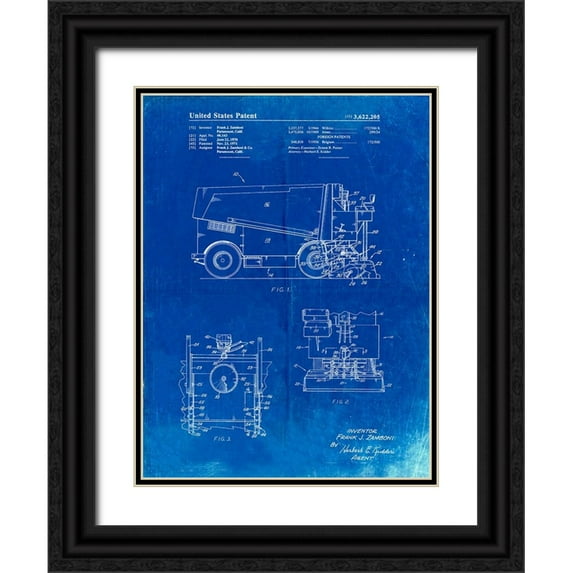 Borders, Cole 25x32 Black Ornate Wood Framed with Double Matting Museum Art Print Titled - PP313-Faded Blueprint Ice Resurfacing Patent Poster