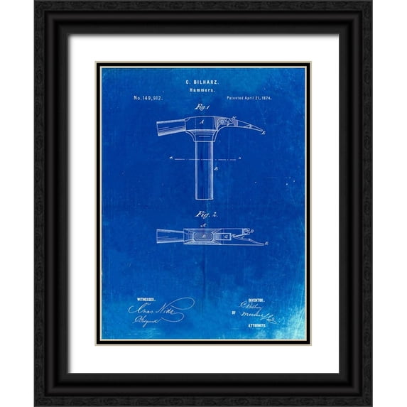 Borders, Cole 25x32 Black Ornate Wood Framed with Double Matting Museum Art Print Titled - PP689-Faded Blueprint Claw Hammer 1874 Patent Poster