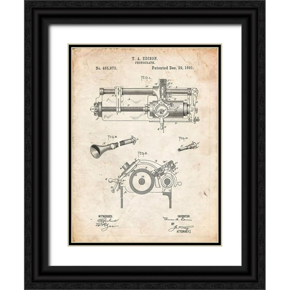 Borders, Cole 25x32 Black Ornate Wood Framed with Double Matting Museum Art Print Titled - PP798-Vintage Parchment Edison Phonograph Patent Poster