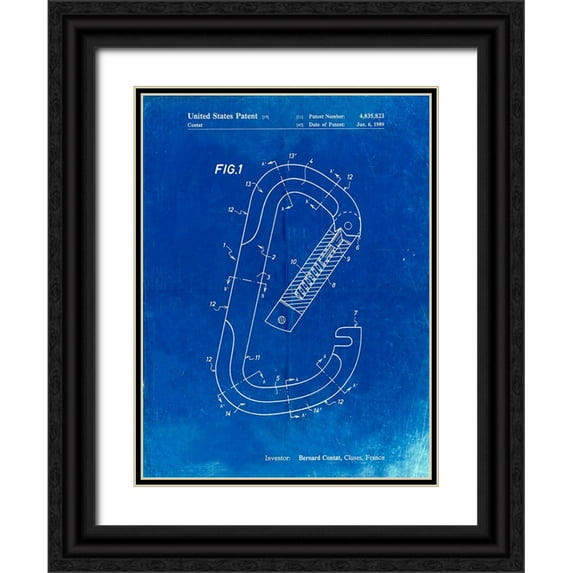 Borders, Cole 25x32 Black Ornate Wood Framed with Double Matting Museum Art Print Titled - PP83-Faded Blueprint Oval Carabiner Patent Poster