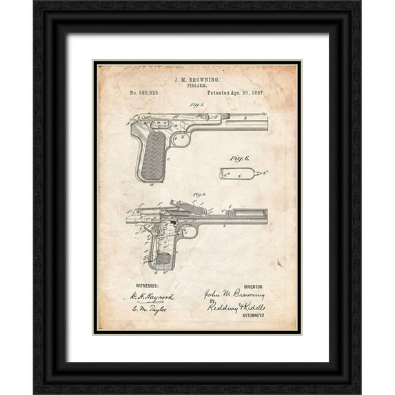 Borders, Cole 25x32 Black Ornate Wood Framed with Double Matting Museum Art Print Titled - PP894-Vintage Parchment J.M. Browning Pistol Patent Poster
