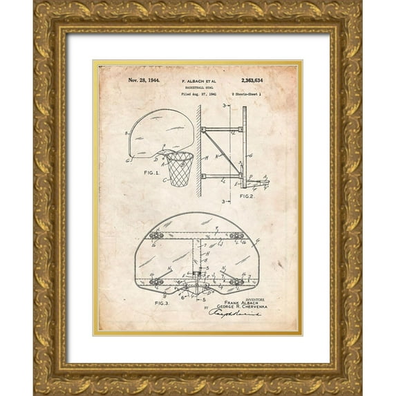 Borders, Cole 25x32 Gold Ornate Wood Framed with Double Matting Museum Art Print Titled - PP196- Vintage Parchment Albach Basketball Goal Patent Poster