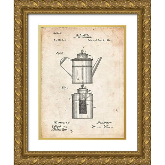 Borders, Cole 25x32 Gold Ornate Wood Framed with Double Matting Museum Art Print Titled - PP27-Vintage Parchment Coffee 2 Part Percolator 1894 Patent Poster
