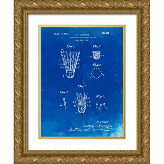 Borders, Cole 25x32 Gold Ornate Wood Framed with Double Matting Museum Art Print Titled - PP345-Faded Blueprint Vintage Badminton Shuttle Patent Poster