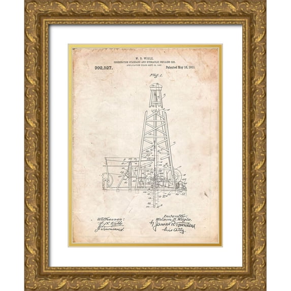 Borders, Cole 25x32 Gold Ornate Wood Framed with Double Matting Museum Art Print Titled - PP886-Vintage Parchment Hydraulic Drilling Rig Patent Poster