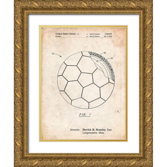 Borders, Cole 25x32 Gold Ornate Wood Framed with Double Matting Museum Art Print Titled - PP1047-Vintage Parchment Soccer Ball Layers Patent Poster