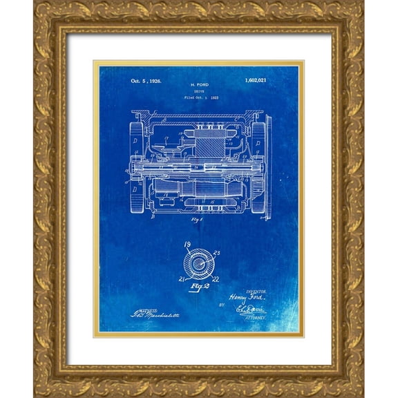 Borders, Cole 25x32 Gold Ornate Wood Framed with Double Matting Museum Art Print Titled - PP1110-Faded Blueprint Train Transmission Patent Poster
