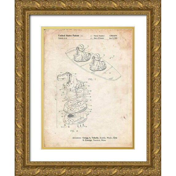 Borders, Cole 25x32 Gold Ornate Wood Framed with Double Matting Museum Art Print Titled - PP1131-Vintage Parchment Wakeboard Patent Poster
