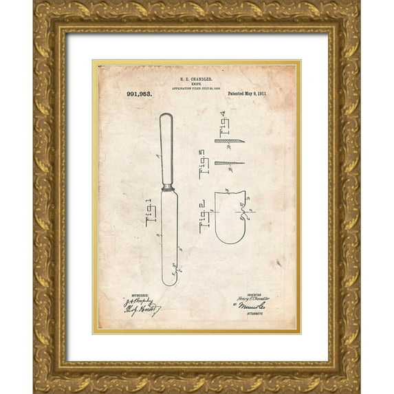 Borders, Cole 25x32 Gold Ornate Wood Framed with Double Matting Museum Art Print Titled - PP278-Vintage Parchment Meat Knife Poster