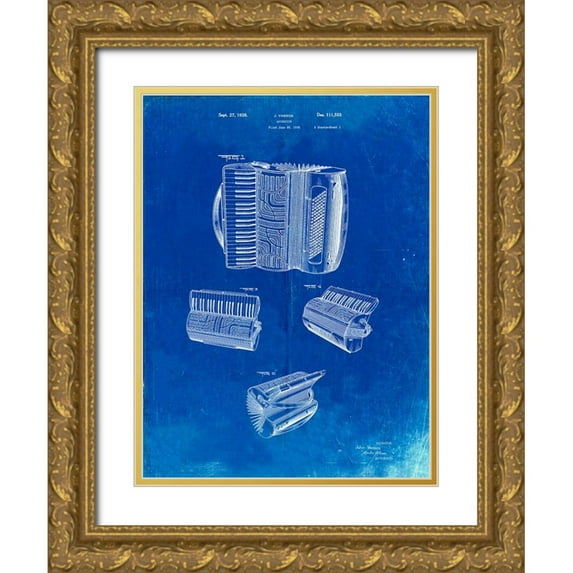 Borders, Cole 25x32 Gold Ornate Wood Framed with Double Matting Museum Art Print Titled - PP283-Faded Blueprint Accordion Patent Poster