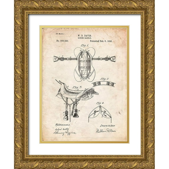 Borders, Cole 25x32 Gold Ornate Wood Framed with Double Matting Museum Art Print Titled - PP444-Vintage Parchment Horse Saddle Patent Poster