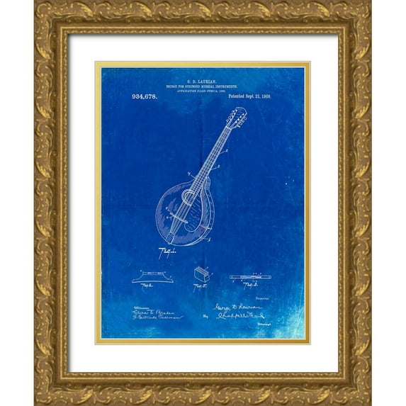 Borders, Cole 25x32 Gold Ornate Wood Framed with Double Matting Museum Art Print Titled - PP499-Faded Blueprint Gibson Mandolin Bridge Patent Poster
