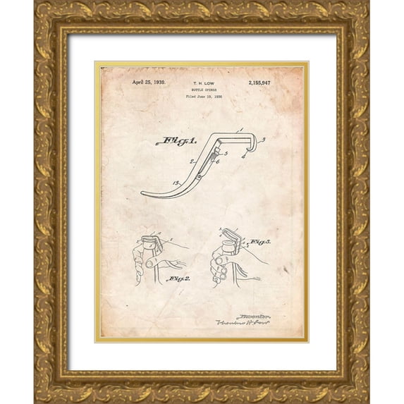 Borders, Cole 25x32 Gold Ornate Wood Framed with Double Matting Museum Art Print Titled - PP672-Vintage Parchment Bottle Opener Patent Poster