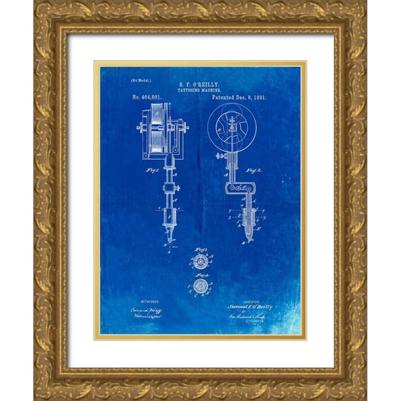 Borders, Cole 25x32 Gold Ornate Wood Framed with Double Matting Museum Art Print Titled - PP814-Faded Blueprint First Tattoo Machine Patent Poster
