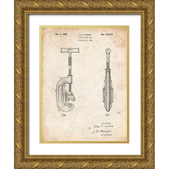 Borders, Cole 25x32 Gold Ornate Wood Framed with Double Matting Museum Art Print Titled - PP986-Vintage Parchment Pipe Cutting Tool Patent Poster