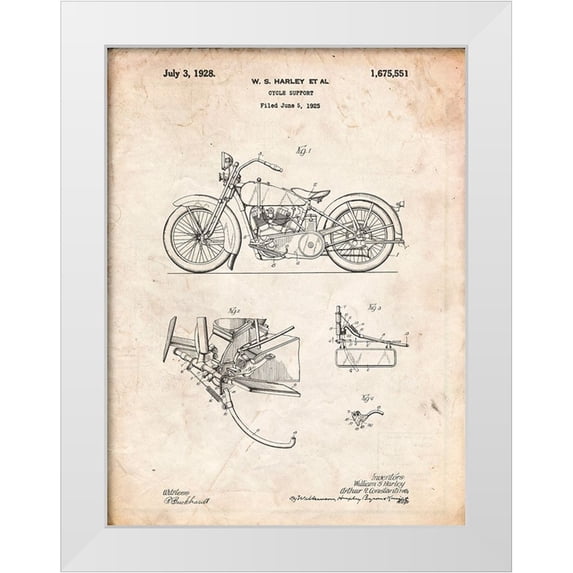 Borders, Cole 25x32 White Modern Wood Framed Museum Art Print Titled - PP10-Vintage Parchment Harley Davidson Model JD Patent Poster