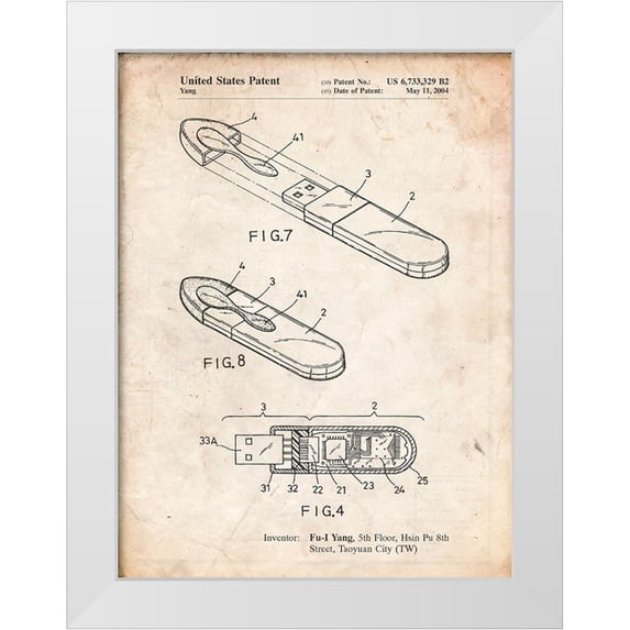 Borders, Cole 25x32 White Modern Wood Framed Museum Art Print Titled - PP1120-Vintage Parchment USB Flash Drive Patent Poster
