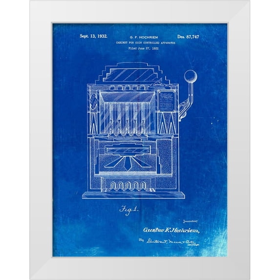 Borders, Cole 25x32 White Modern Wood Framed Museum Art Print Titled - PP1125-Faded Blueprint Vintage Slot Machine 1932 Patent Poster