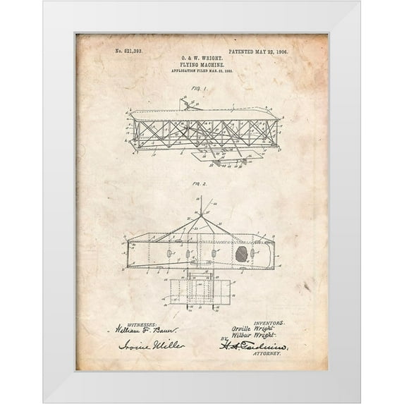 Borders, Cole 25x32 White Modern Wood Framed Museum Art Print Titled - PP1139-Vintage Parchment Wright Brothers Aeroplane Patent