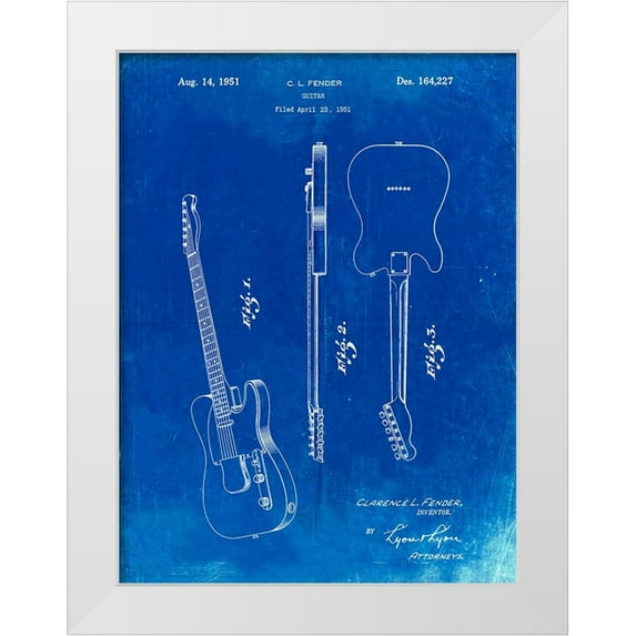 Borders, Cole 25x32 White Modern Wood Framed Museum Art Print Titled - PP121- Faded Blueprint Fender Broadcaster Electric Guitar Patent Poster