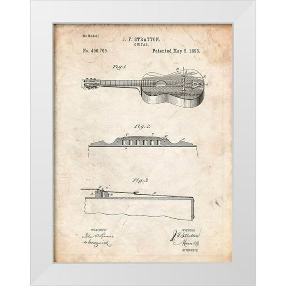 Borders, Cole 25x32 White Modern Wood Framed Museum Art Print Titled - PP139- Vintage Parchment Stratton And Son Acoustic Guitar Patent Poster