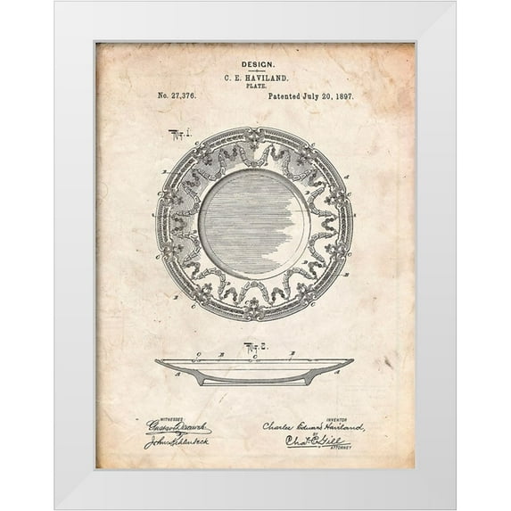 Borders, Cole 25x32 White Modern Wood Framed Museum Art Print Titled - PP150- Vintage Parchment Haviland Dinner Plate Patent Poster