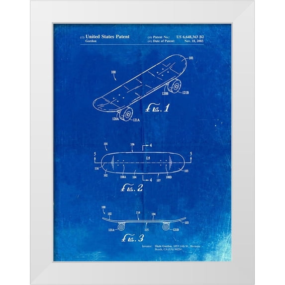 Borders, Cole 25x32 White Modern Wood Framed Museum Art Print Titled - PP17-Faded Blueprint Double Kick Skateboard Patent Poster