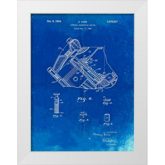 Borders, Cole 25x32 White Modern Wood Framed Museum Art Print Titled - PP172- Faded Blueprint Ford V-8 Combustion Engine 1934 Patent Poster