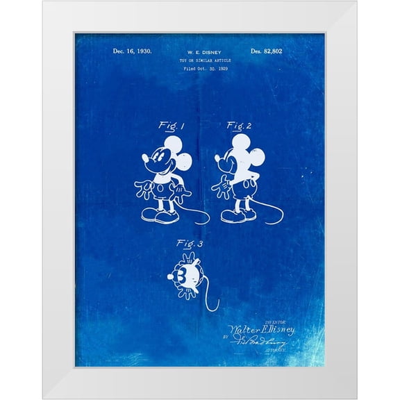 Borders, Cole 25x32 White Modern Wood Framed Museum Art Print Titled - PP191- Faded Blueprint Mickey Mouse 1929 Patent Poster