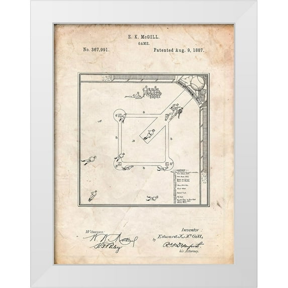 Borders, Cole 25x32 White Modern Wood Framed Museum Art Print Titled - PP192- Vintage Parchment Our National Ball Game Patent Poster