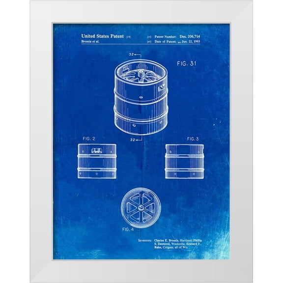 Borders, Cole 25x32 White Modern Wood Framed Museum Art Print Titled - PP193- Faded Blueprint Miller Beer Keg Patent Poster