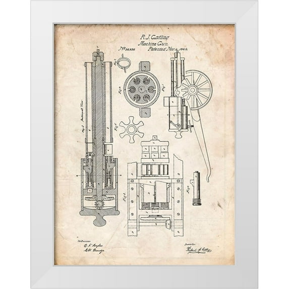 Borders, Cole 25x32 White Modern Wood Framed Museum Art Print Titled - PP23-Vintage Parchment Gatling Gun Patent Poster