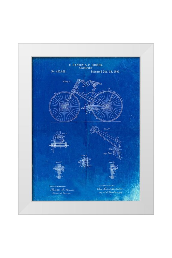 Borders, Cole 25x32 White Modern Wood Framed Museum Art Print Titled - PP248-Faded Blueprint Bicycle 1890 Patent Poster
