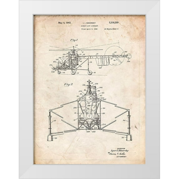 Borders, Cole 25x32 White Modern Wood Framed Museum Art Print Titled - PP28-Vintage Parchment Sikorsky S-47 Helicopter Patent Poster
