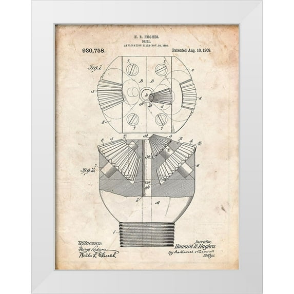 Borders, Cole 25x32 White Modern Wood Framed Museum Art Print Titled - PP410-Vintage Parchment Howard Hughes Oil Drill Patent Poster