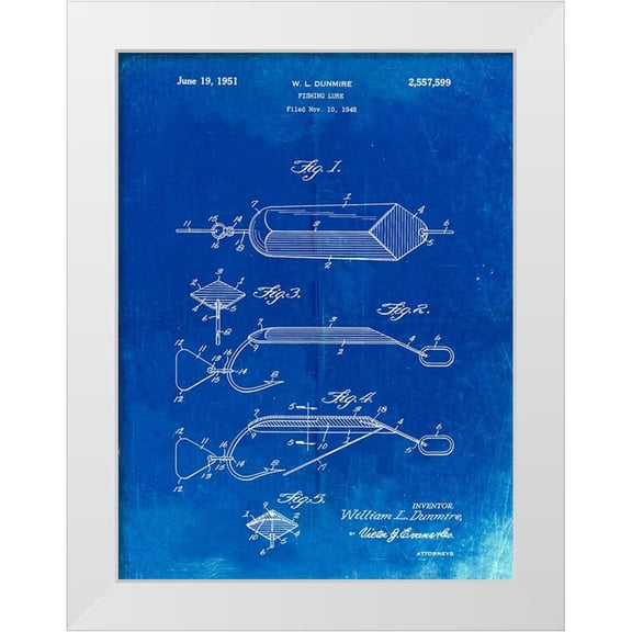 Borders, Cole 25x32 White Modern Wood Framed Museum Art Print Titled - PP420-Faded Blueprint Spoon Fishing Lure Poster
