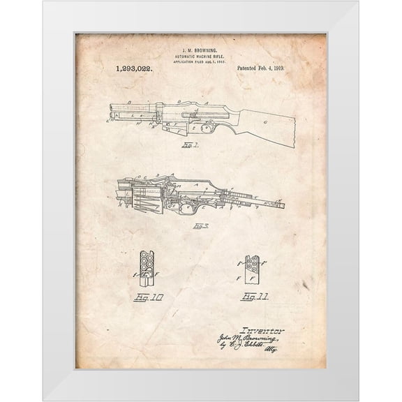 Borders, Cole 25x32 White Modern Wood Framed Museum Art Print Titled - PP469-Vintage Parchment M1919 Browning Automic Rifle Patent Poster