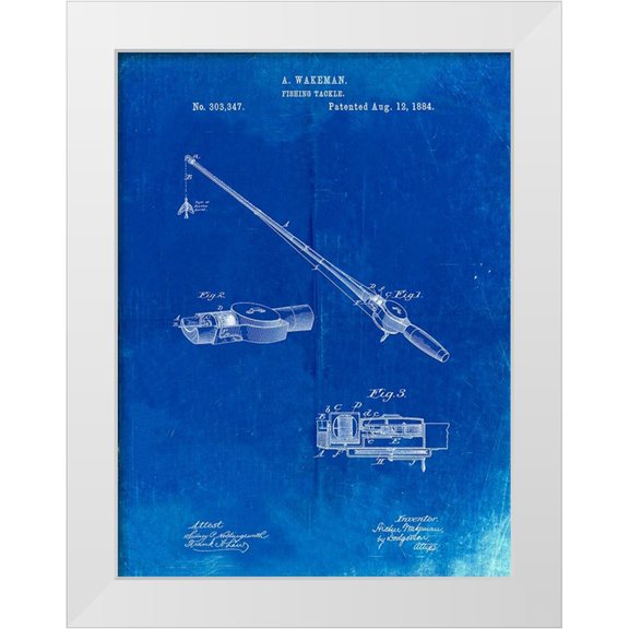 Borders, Cole 25x32 White Modern Wood Framed Museum Art Print Titled - PP490-Faded Blueprint Fishing Rod and Reel 1884 Patent Poster