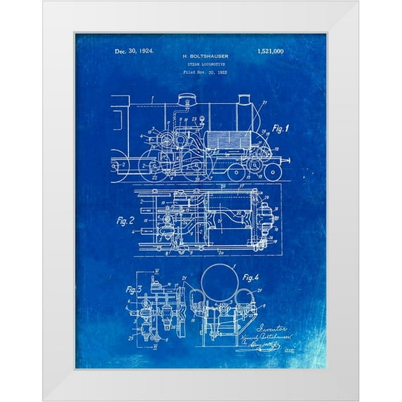 Borders, Cole 25x32 White Modern Wood Framed Museum Art Print Titled - PP516-Faded Blueprint Steam Train Locomotive Patent Poster