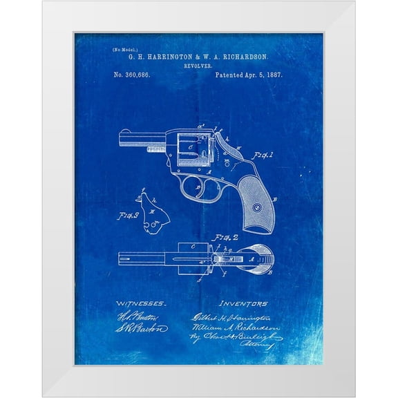 Borders, Cole 25x32 White Modern Wood Framed Museum Art Print Titled - PP633-Faded Blueprint H And R Revolver Pistol Patent Poster