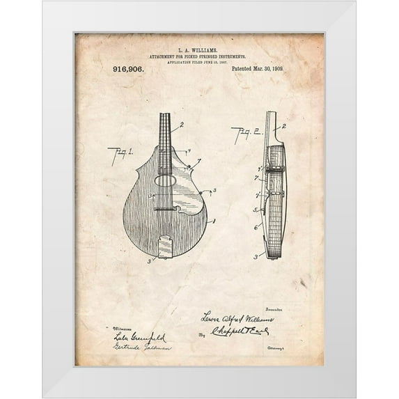Borders, Cole 25x32 White Modern Wood Framed Museum Art Print Titled - PP638-Vintage Parchment Mandolin Pick Guard Patent Poster