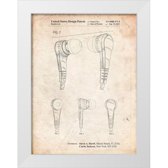 Borders, Cole 25x32 White Modern Wood Framed Museum Art Print Titled - PP686-Vintage Parchment Ear Buds Patent Poster