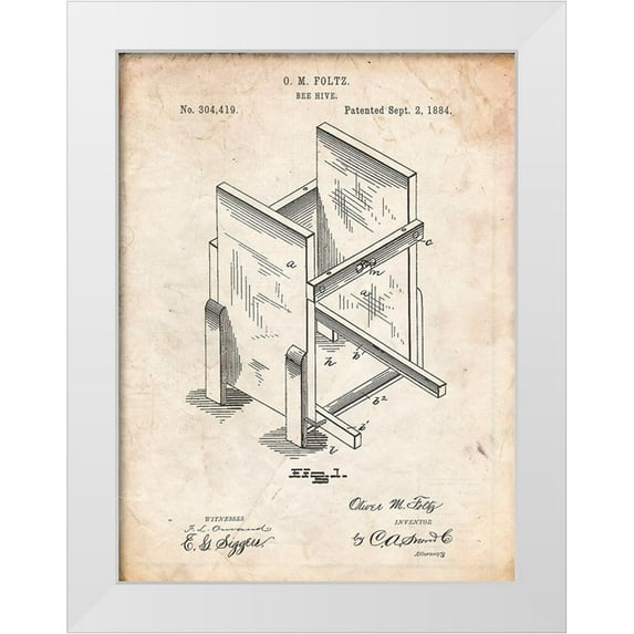 Borders, Cole 25x32 White Modern Wood Framed Museum Art Print Titled - PP725-Vintage Parchment Bee Hive Frames Patent Poster