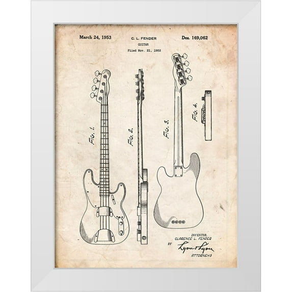 Borders, Cole 25x32 White Modern Wood Framed Museum Art Print Titled - PP8-Vintage Parchment Fender Precision Bass Guitar Patent Poster