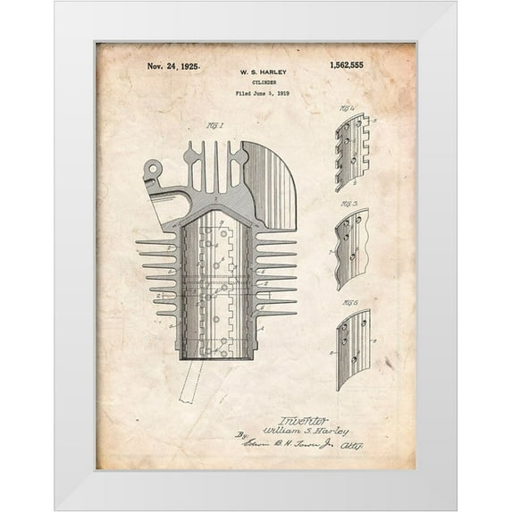 Borders, Cole 25x32 White Modern Wood Framed Museum Art Print Titled - PP869-Vintage Parchment Harley Davidson Cylinder 1919 Patent Poster
