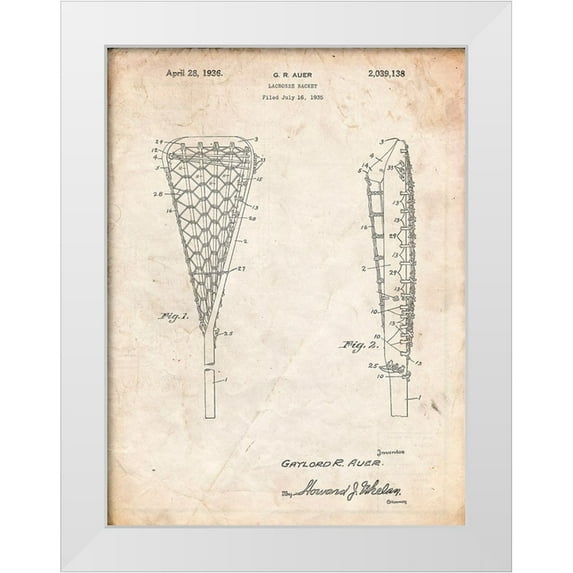 Borders, Cole 25x32 White Modern Wood Framed Museum Art Print Titled - PP914-Vintage Parchment Lacrosse Stick 1935 Paten Poster