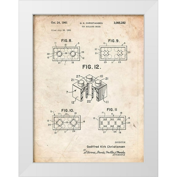Borders, Cole 25x32 White Modern Wood Framed Museum Art Print Titled - PP919-Vintage Parchment Lego Building Brick Patent Poster